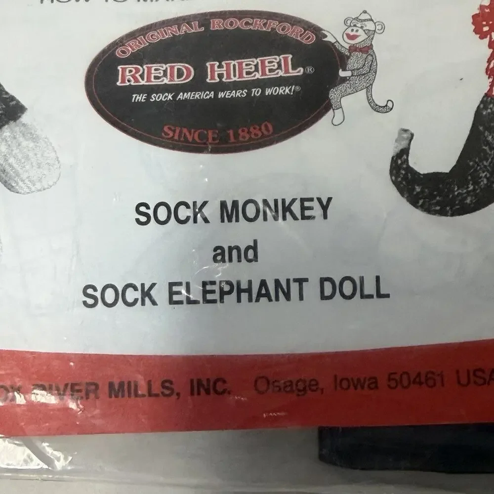 Original Rockford Red Heel Socks 2 Pair Sock Monkey/Elephant Doll Instruction L